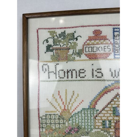 Vintage Framed Cross Stitch Embroidery Home is Where the Heart Is Retro - Picture 2 of 8